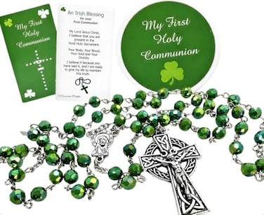 Westmon Works Irish First Communion Rosary Gift Set for Green Bead Prayer Jewelry with Celtic Cross Pendant Blessing Card and Storage Case Saint Patrick Inspired Catholic Keepsake Present