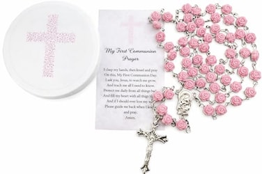 Westmon Works First Communion Rosary Set for Girls with Pink Rose Shaped Bead Case and Holy Card