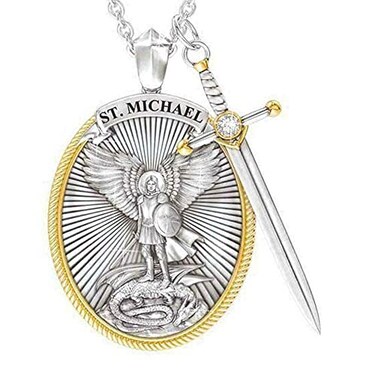 CQGXMANN The Archangel Saint MichaelOval Medal Necklace Protection Prayer Pendant Necklace Seal Solid with A Sword Pendant Necklace 1PCS