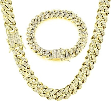 GIHENHAO 2pcs Cuban Link Chain for Men Gold Necklace and Bracelet Miami Cuban Chains Bling Diamond Chain for Hip Hop Jewelry