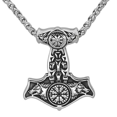 GuoShuang Nordic Viking Stainless Steel Thor Mjolnir Odin Wolf Vegvisir Pendant Necklace with Valknut Gift Bag