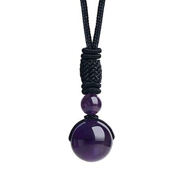 iSTONE Unisex Genuine 16mm Round Beads Gemstone Amethyst Pendant Necklace with Adjustable Nylon Cord 24 Inch