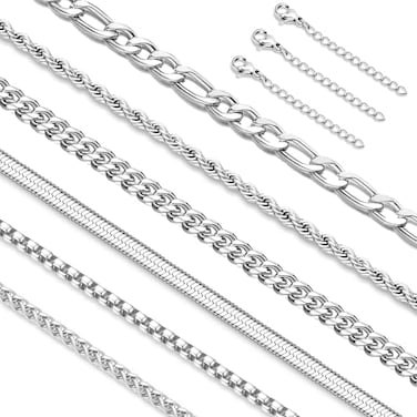 LOLIAS Silver Chain Necklace for Men Women 6Pcs Hypoallergenic Durable Stainless Steel Cuban Link Rope Wheat Box Figaro Herringbone Chain Layered Stacked Necklace Set 20 Inches