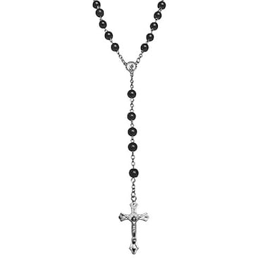 MADAOGO Rosary Black Beads Necklace Catholic Rosary Beads With Metal Crucifix
