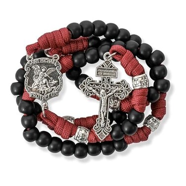 Nazareth Store Black Beads Red Paracord Rosary Rugged Beaded Necklace Strong Cord StMichael Medal Pardon Cross