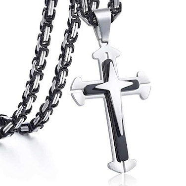 Trendsmax Mens Cross Pendant Necklace Stainless Steel Black Silver Byzantine Chain 22inch