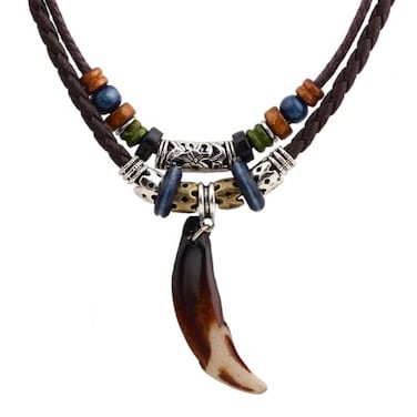 CCBFY Braided Leather Necklace Vintage Style Double Layers Black Tribal Necklace with Charm Cross Pendant Teeth