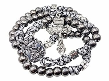 Nazareth Store Black Beads Paracord Rosary Beaded Necklace St Michael Medal Durable Strong Rugged Cord Catholic Rosary with Pardon Cross
