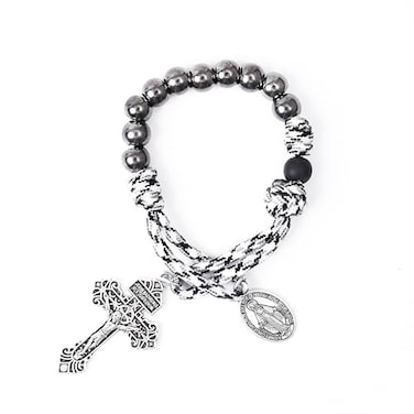 Nazareth Store One Decade Black White Paracord Rosary Dark Silver Beads Pocket Car Rosary Protection Miraculous Medal Jesus Crucifix