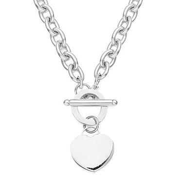 WangGao Elegent Love Stainless Steel Link Chain Blank Heart Charms Necklace for Women Toggle Clasp ClosureSilver