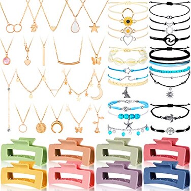 Cunno 49 Pcs Boho Jewelry Set for Women Surfer Wave Friendship Bracelets Layered Necklace Hair Clip Summer Beach GiftVintage