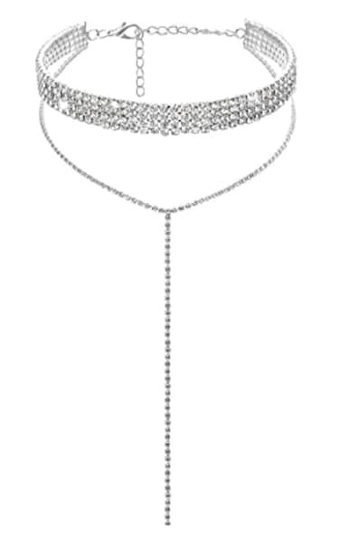 EFTOM Rhinestone Choker Necklaces Silver Sparkly Diamond Choker Long Tassel Crystal Choker Necklace for Women 4 Y Shape
