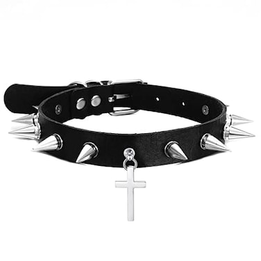FNQUFUJ Goth Spiked Choker Necklaces For Women Men Leather Collar Cross Studded Chokers Emo Accessories silver cross