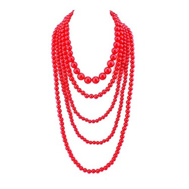 GRACE JUN Multilayer Strand Chain Faux Pearls Flapper Beads Cluster Long Choker NecklaceRed