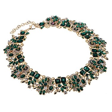 Jerollin Crystal Rhinestone Choker Bib Pendant Collar Statement Necklace for Evening Party Green