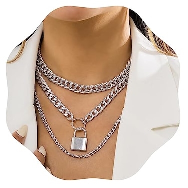 Jumwrit Chunky Chain Necklace Punk Layered Choker Necklaces Cuban Link Chain Necklace with Lock Pendant Necklace Statement Necklace for WomenSilver