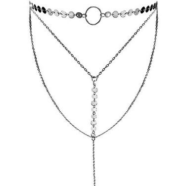 Suyi Stylish Layered Sequins Choker Necklace with Thin Long Chain Pendant for Women Lady ASilver