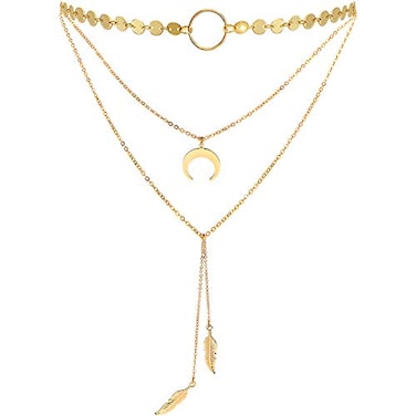 Suyi Stylish Layered Sequins Choker Necklace with Thin Long Chain Pendant for Women Lady Moon Leaf Gold