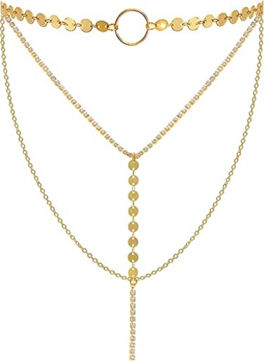 Suyi Stylish Layered Sequins Choker Necklace with Thin Long Chian Pendant for Women Lady Crystal Gold 2