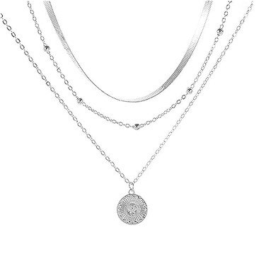 Woent Woen Layered Silver Necklace Set Choker Collar with Beaded Chain and Coin Pendant for Women