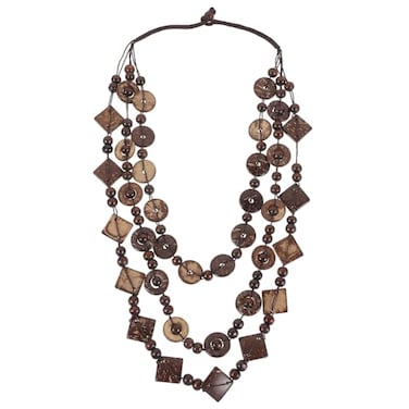 SEWACC Bohemian Shell Necklace Wood Bead Statement Collar Necklace Chunky Layered Handmade Beaded Long for Women Brown