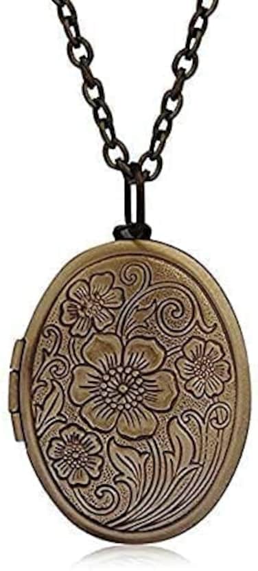 LRESJJIUJ Vintage Engraved Flower Locket Picture Pendant Necklace for Women