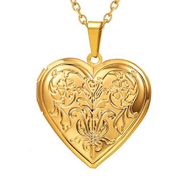 U7 Heart Locket Necklace with Blooming Flower Grain 14K Real Gold Plated Cable Link Chain Photo Locket Pendant for Women