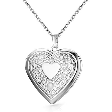 YOUFENG Oval Round Flower Locket Necklace that Holds Pictures Photo Locket Pendant Heart Silverplated