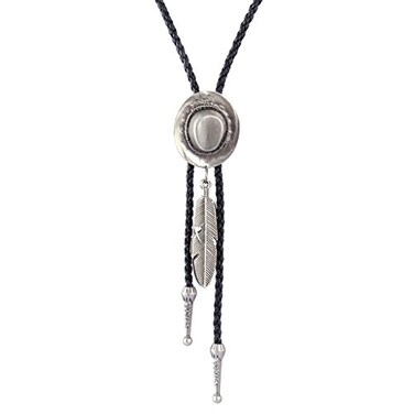 COOLLA Bolo tie Handmade Hat Feather Western Cowboy Black Vintage Pendant for WomenMen Silver
