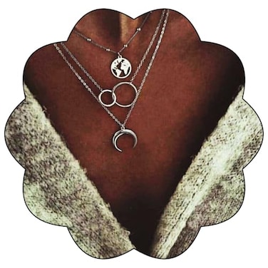 Edary Boho Layered Necklace Moon Necklaces Map Pendant Silver Jewelry for WomenSilver