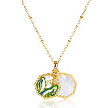 Monsefi Gold Pendant Necklace for Women Green and Gold Reversible Mountain Charm