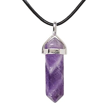 Justinstones Natural African Amethyst Gemstone Hexagonal Pointed Reiki Chakra Pendant Genuine Leather Necklace 18 Inch