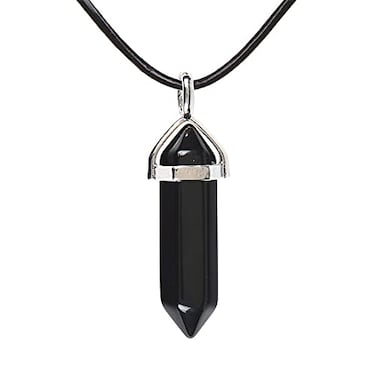Justinstones Natural Black Agate Gemstone Hexagonal Pointed Reiki Chakra Pendant Genuine Leather Necklace 18 Inch