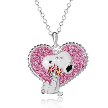 Peanuts Snoopy Necklace for Women Official License 162 Silver FlashPlated Heart Necklace with Pink Glitter and Crystal