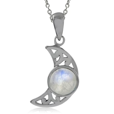 Silvershake Natural Moonstone 925 Sterling Silver Filigree Crescent Moon Pendant with 18 Inch Chain Necklace