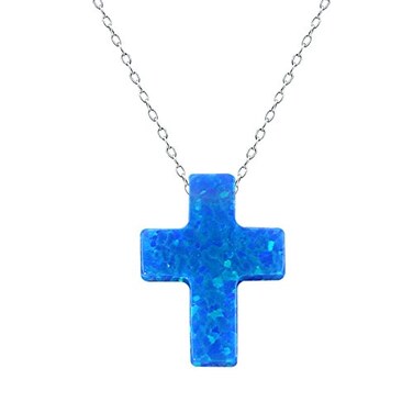 ZS Blue Opal Cross Pendant Choker Necklace Sterling Silver Charming Collar Necklace Blue