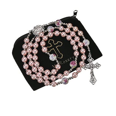 SALOMOCA 8mm Pink Pearl Beads Catholic Rosary Large Ceramics Bead Rosary Silver Beaded String Necklace Miraculous Medal Crucifix Cross Gift for Women First Communion Confirmation Baptism Wedding Gift