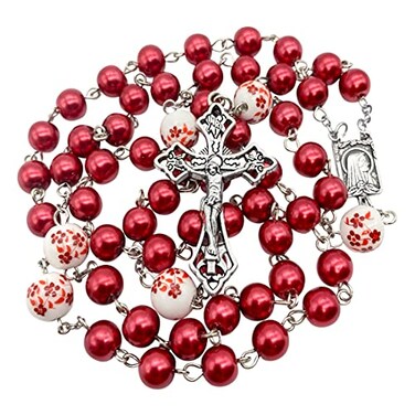 Nazareth Store Pearl Beads Rosary White Flowers Beaded Necklace Lourdes Medal Cross Crucifix Red