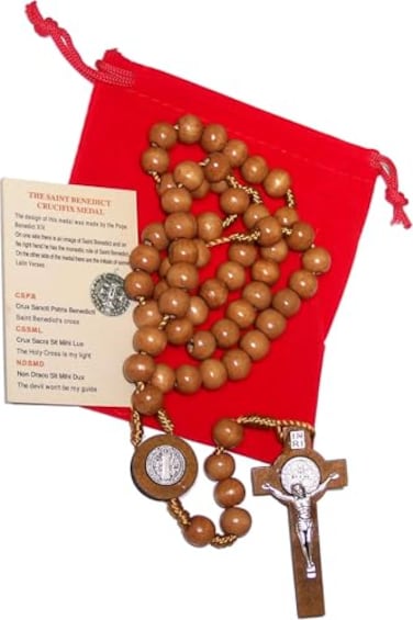 Holy Land ST Benedict Rosary Necklace Medal 17 NR Brown Wood Beads From BIG
