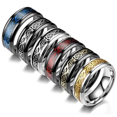 CASDAN 6Pcs 8mm Stainless Steel Rings for Men Celtic Dragon Beveled Edges Celtic Black Rings Carbide Wedding Band Ring Set 10