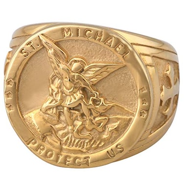 Dacai Golden Saints Michael The Archangel ST Medal Stainless Steel Amulet Protection Mens Womens Cross Ring Size 15
