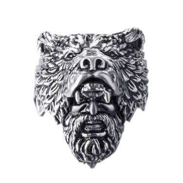 ELFASIO Stainless Steel Rings for Men Viking Bear Man Warrior Silver Titanium Biker Ring Charm Jewelry Size 10