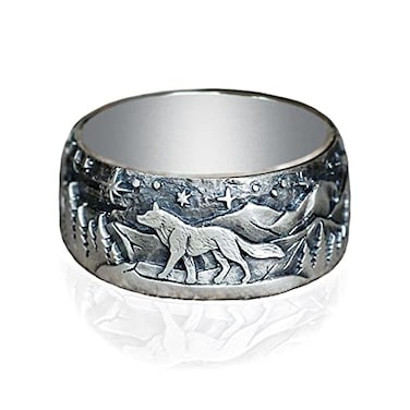 HAIXIAN Cool Unisex Retro Walking Wolf Band RingThick Platinum Plated Antique Punk Gothic Biker Cocktail Party Animal Forest Mountain Engraved Ring Jewelry RingA 10