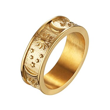 HZMAN 8mm Moon Star Sun Statement Ring Stainless Steel Boho Jewelry for Women Men Gold 8