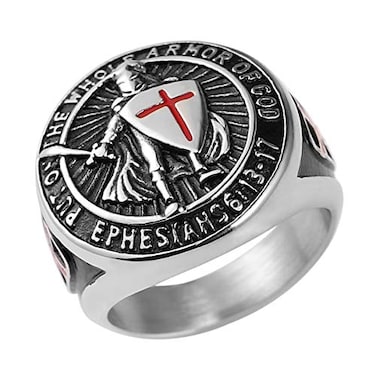 HZMAN Knights Templar Put On The Whole Armor of God Ephesians 61317 Red Cross Design Mens Stainless Steel Ring