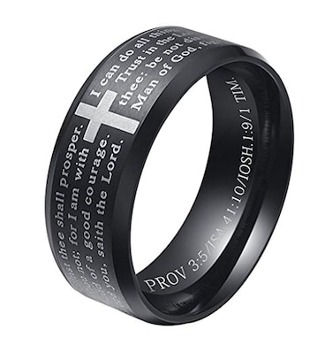 INRENG Mens Stainless Steel Bible Verse Christian Lords Prayer Cross Ring Wedding Bands Black Size 10