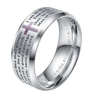 INRENG Mens Stainless Steel Bible Verse Christian Lords Prayer Cross Ring Wedding Bands Silver Size 11