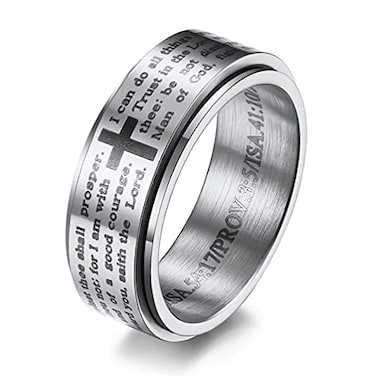 INRENG Stainless Steel Bible Verse Christian Cross Ring Spinner Wedding Rings Band for Men Women Silver Size 12