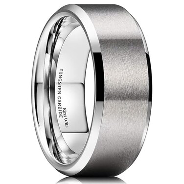 King Will 8mm Mens Silver Wedding Ring Brushed Matte Surface Beveled Polished Edge Comfort Fit Size 11