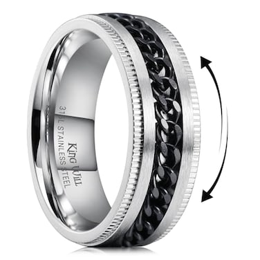 King Will Stainless Steel Mens Ring8mm Width Sliver Plated Spinner Ring with Black Chain 316L Stainless Steel Ring for Men Women with Stress Free Cool Wedding Band Comfort Fit Size 7